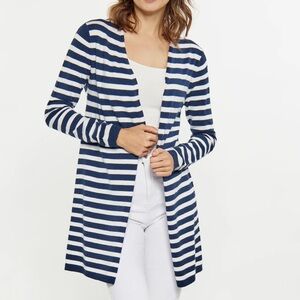 Talbots Wool Blend Striped  Navy White Open Front Cardigan Sweater Size L, NWT
